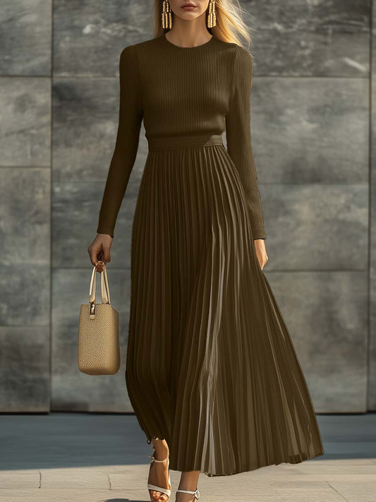CSS Knitted Satin Pleated Hem Long Sleeve Maxi Dress