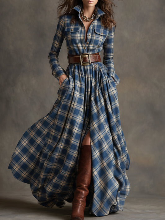 GY Retro Ethnic Lapel Plaid Long Sleeve Maxi Dress