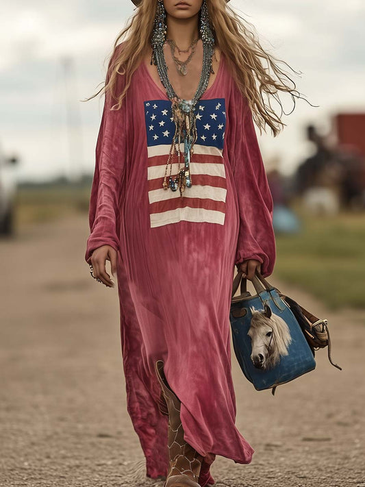 Vintage Cotton Flag Print Long Sleeve Maxi Dress Casual