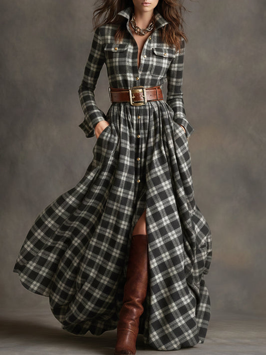 GY Retro Ethnic Lapel Plaid Long Sleeve Maxi Dress