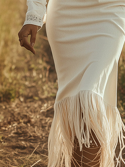 GY Faux Denim Maxi Dress Western Half-Zip Tassel Off-White