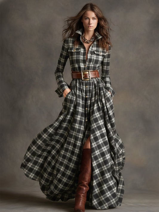 GY Retro Ethnic Lapel Plaid Long Sleeve Maxi Dress