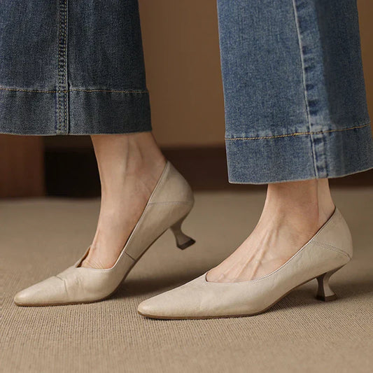 Amelier Women's Leather Pumps Pointed Toe Kitten Heel