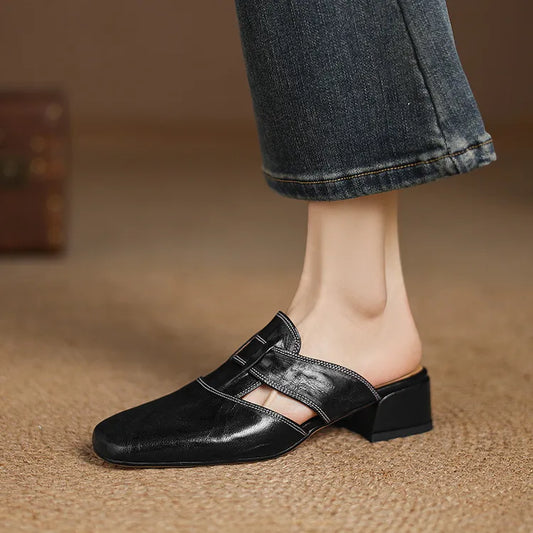 Amelier Women's Leather Mules Square Toe Block Heel Apricot