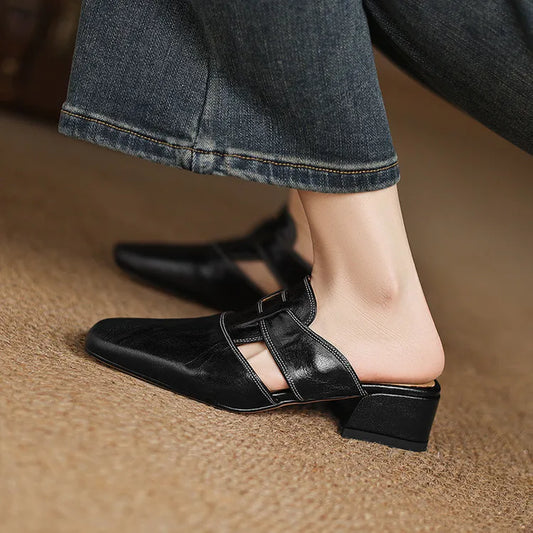 Amelier Women's Leather Mules Square Toe Block Heel Apricot