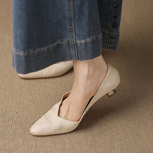 Amelier Women's Leather Pumps Pointed Toe Kitten Heel