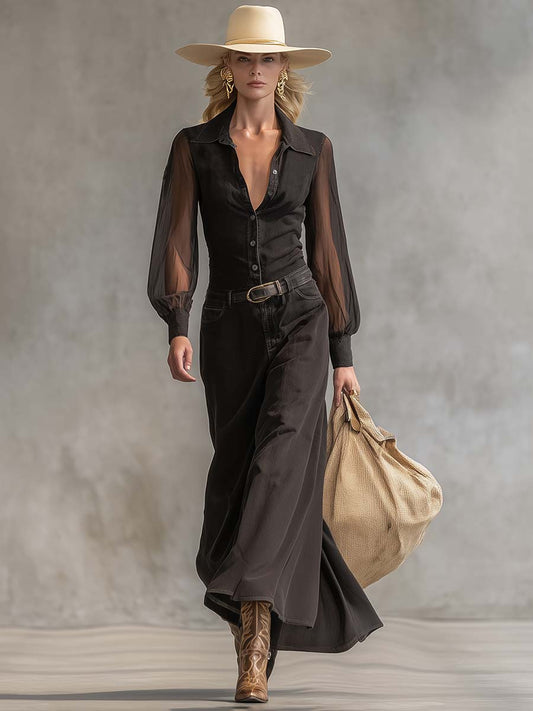 CSS Vintage Western Front Button V-Neck Black Denim Maxi Dress
