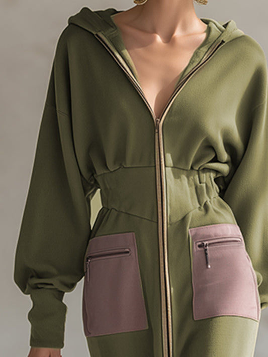 GY Hooded Zip-Up Sweatshirt Maxi Dress Olive Green Slim Fit