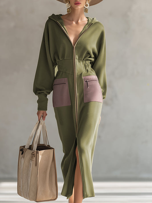 GY Hooded Zip-Up Sweatshirt Maxi Dress Olive Green Slim Fit