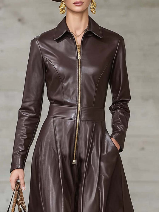 CSS Faux Leather Maxi Dress Front Zipper Long Sleeve Brown