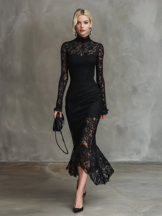 GY Stretch Lace Fishtail Maxi Dress Black Formal Gown