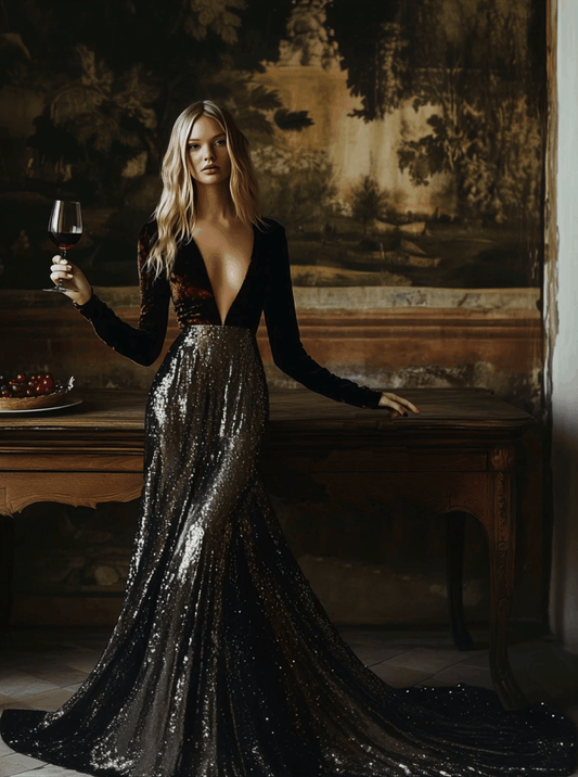 Oyrosy V-Neck Velvet Long Sleeve Maxi Dress Wine Red