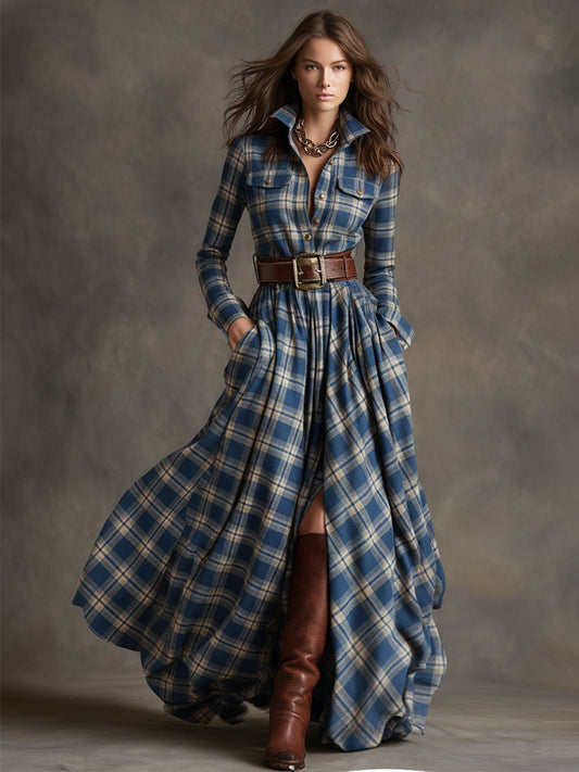 GY Retro Ethnic Lapel Plaid Long Sleeve Maxi Dress