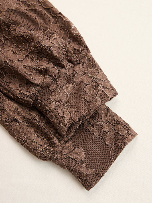 Elegant Brown Lace Long Sleeve Maxi Dress Front Slit