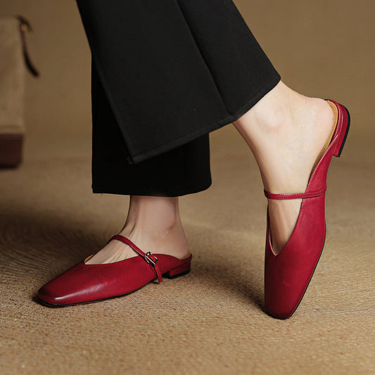 Amelier Women's Leather Mary Jane Mules Square Toe Apricot
