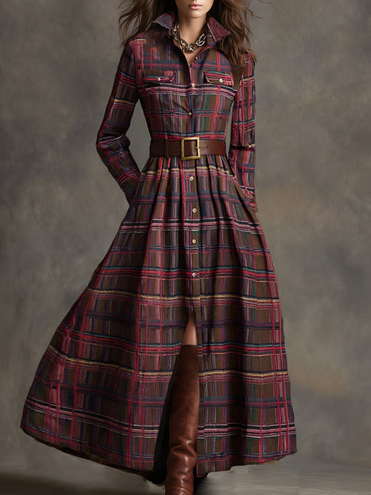 GY Retro Ethnic Lapel Plaid Long Sleeve Maxi Dress