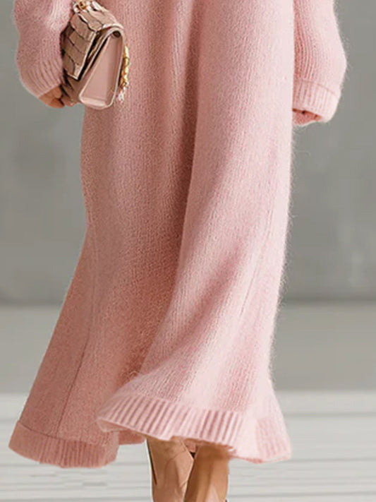 QMY Mohair Off-the-Shoulder Maxi Dress Loose Fit Pink