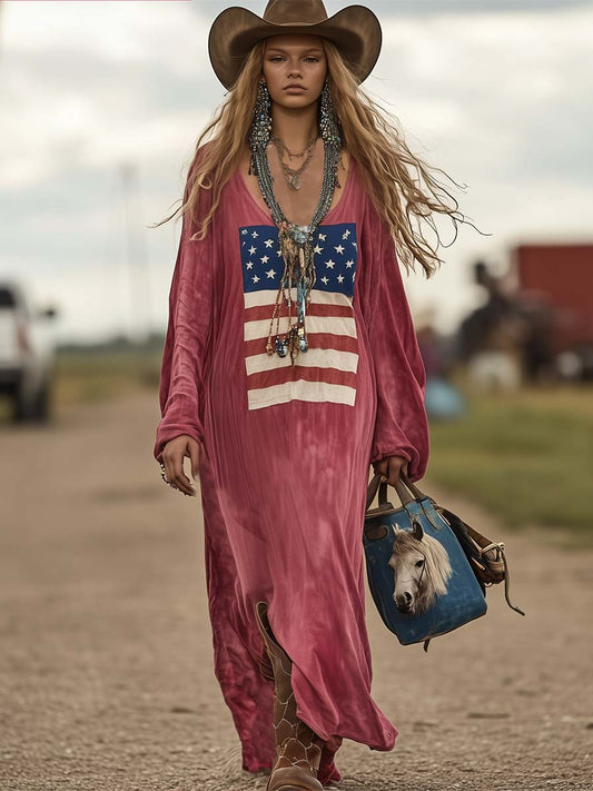 Vintage Cotton Flag Print Long Sleeve Maxi Dress Casual