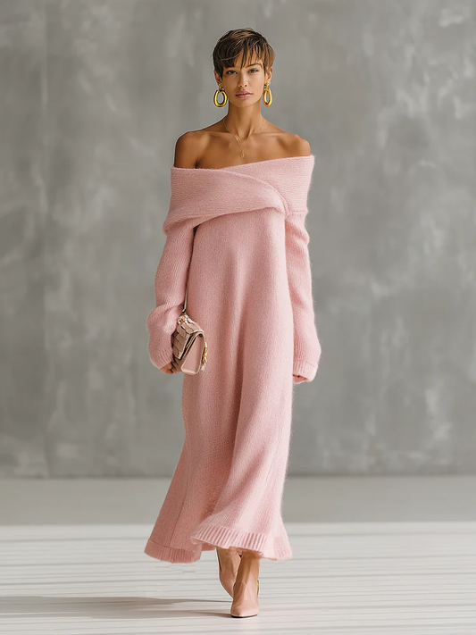QMY Mohair Off-the-Shoulder Maxi Dress Loose Fit Pink