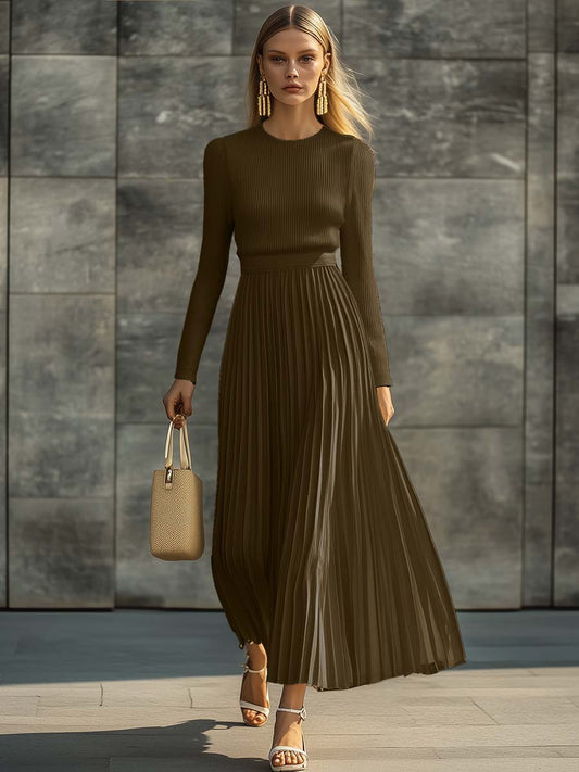CSS Knitted Satin Pleated Hem Long Sleeve Maxi Dress