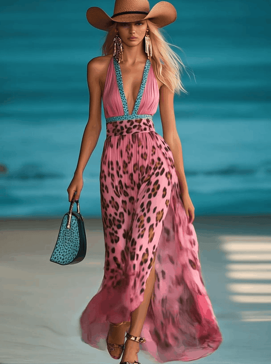 Maxi Dress Leopard Print V-Neck Chiffon Pink Slit