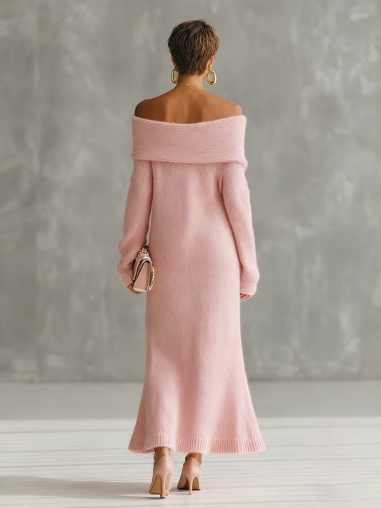 QMY Mohair Off-the-Shoulder Maxi Dress Loose Fit Pink