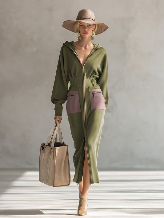 GY Hooded Zip-Up Sweatshirt Maxi Dress Olive Green Slim Fit