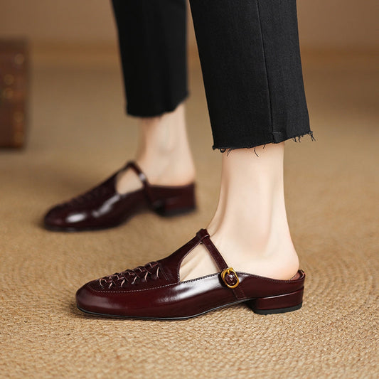 Amelier Women's Genuine Leather Woven Mules Slip-On Brown