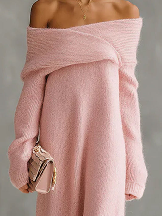 QMY Mohair Off-the-Shoulder Maxi Dress Loose Fit Pink