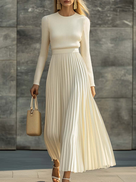 CSS Knitted Satin Pleated Hem Long Sleeve Maxi Dress