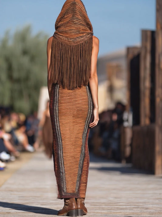 Oyrosy Western Retro Striped Knitted Tassel Hooded Maxi Dress Brown