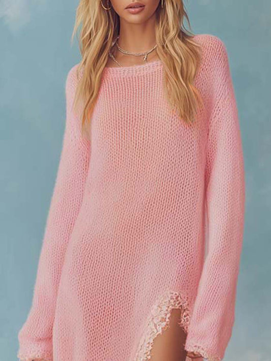 CSS Knit Maxi Dress Crew Neck Lace Trim Light Pink