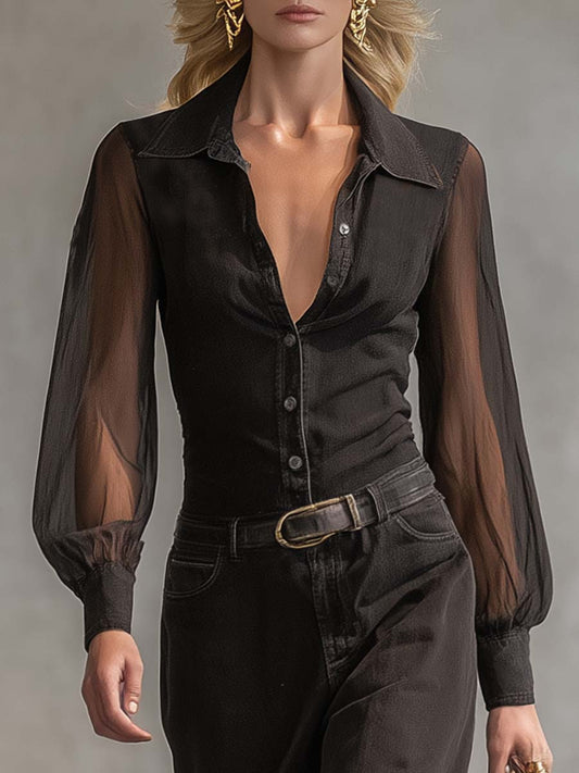 CSS Vintage Western Front Button V-Neck Black Denim Maxi Dress