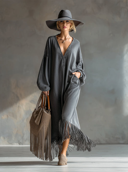 Grey Denim Tassel Long Sleeve Maxi Dress Relaxed Fit
