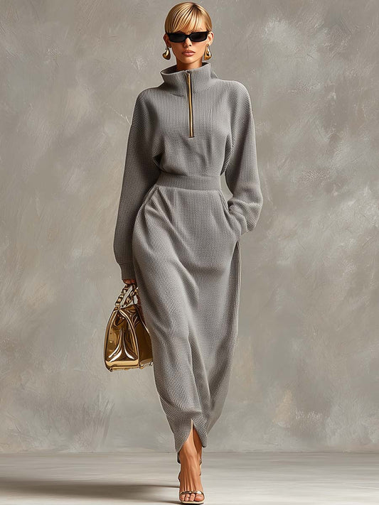 CSS Waffle Fabric Maxi Dress Front Zipper Light Gray