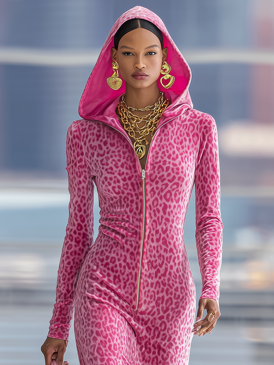 QMY Zip-up Hooded Leopard-print Velvet Maxi Dress Pink