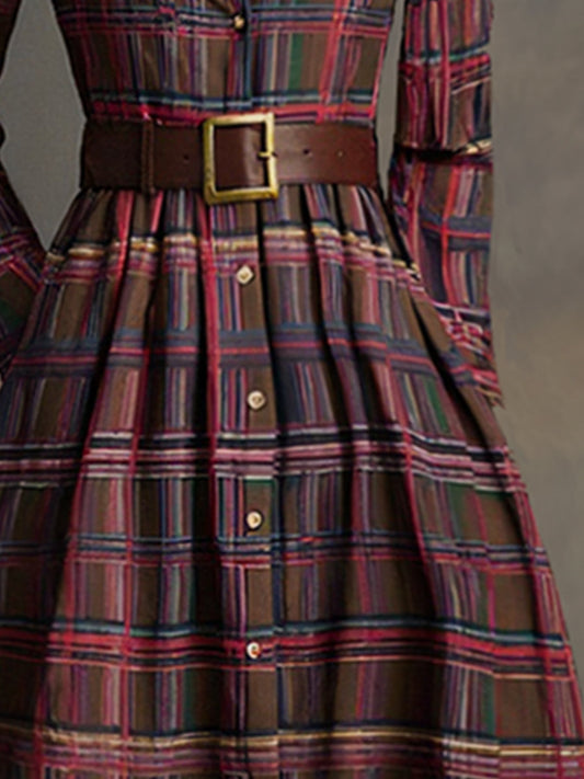 GY Retro Ethnic Lapel Plaid Long Sleeve Maxi Dress