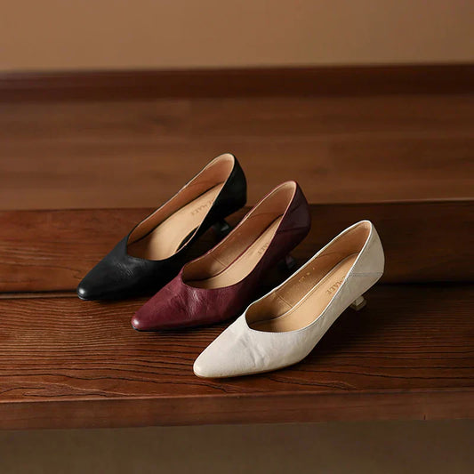 Amelier Women's Leather Pumps Pointed Toe Kitten Heel