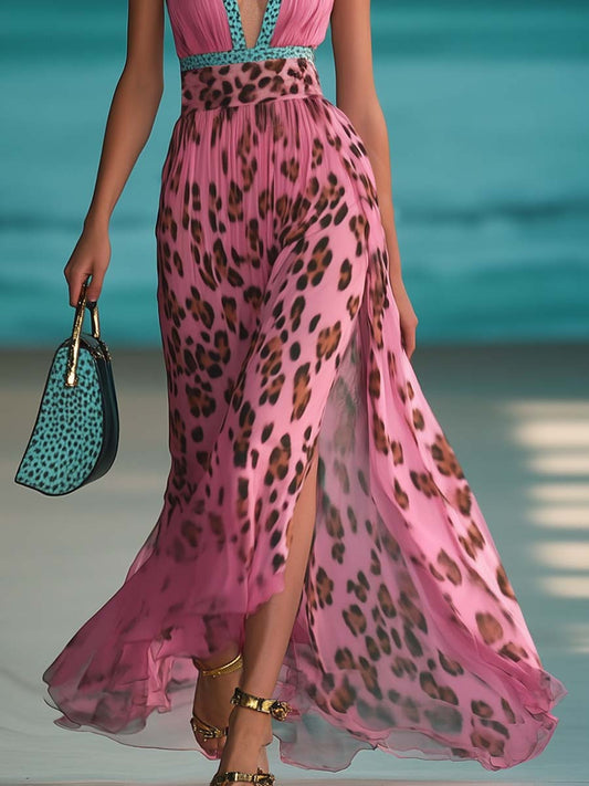 Maxi Dress Leopard Print V-Neck Chiffon Pink Slit