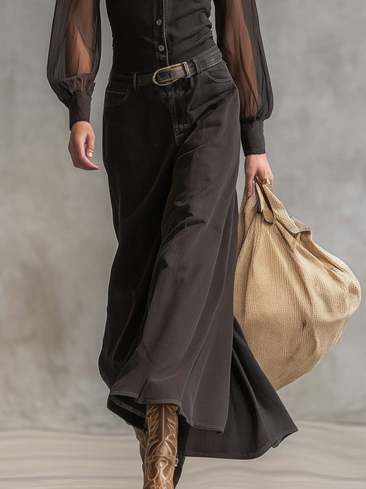 CSS Vintage Western Front Button V-Neck Black Denim Maxi Dress