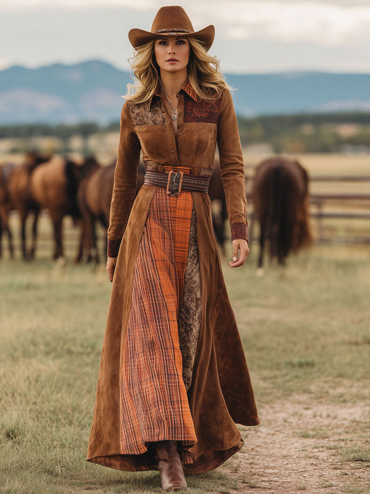 BXL Western Retro Faux Suede Plaid Maxi Dress Caramel