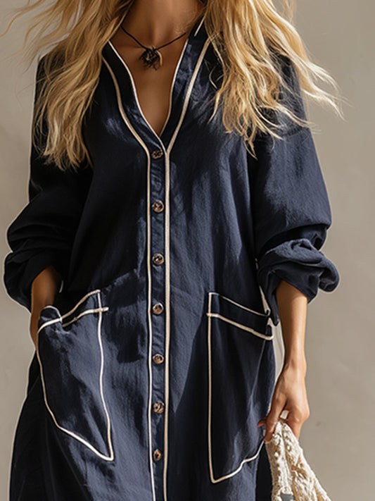 Cotton Linen Maxi Dress Navy Blue Urban Style Loose