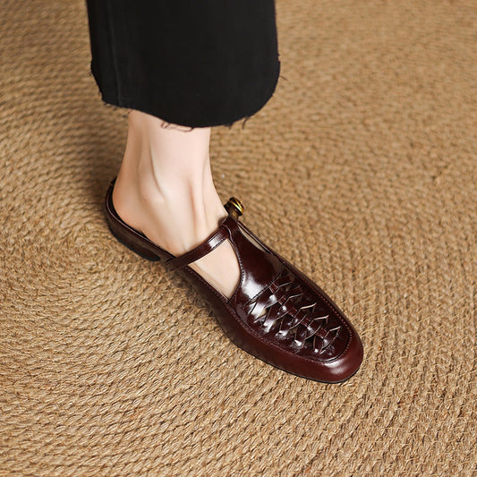 Amelier Women's Genuine Leather Woven Mules Slip-On Brown