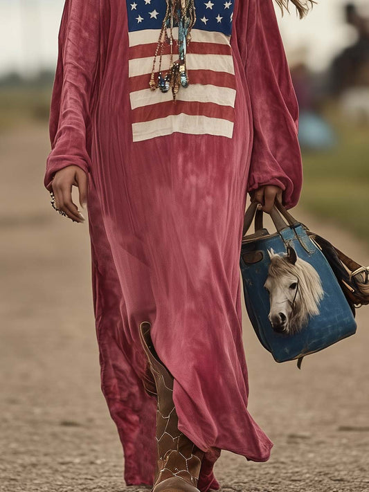 Vintage Cotton Flag Print Long Sleeve Maxi Dress Casual