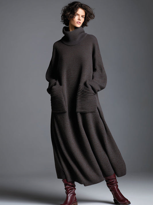 Loose Neckline Knitted Maxi Dress Long Sleeve Brown
