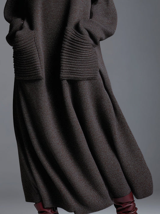 Loose Neckline Knitted Maxi Dress Long Sleeve Brown