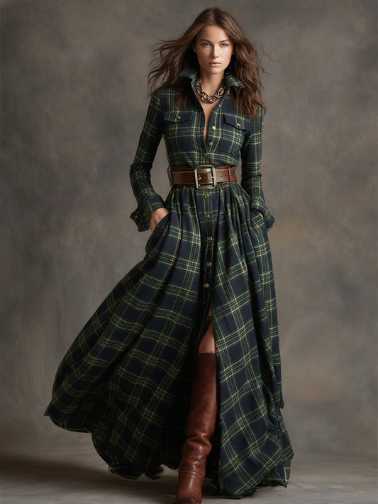 GY Retro Ethnic Lapel Plaid Long Sleeve Maxi Dress