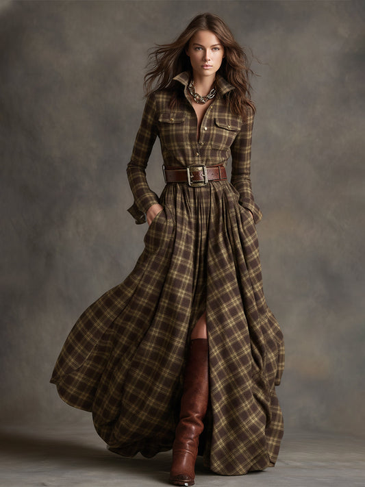 GY Retro Ethnic Lapel Plaid Long Sleeve Maxi Dress