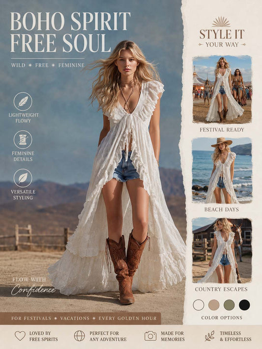 Elowen Lace Boho Maxi Duster Dress Open Front White