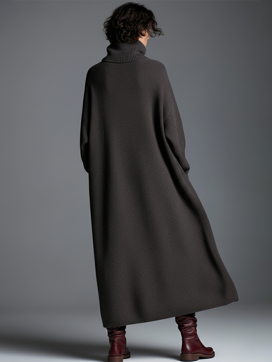 Loose Neckline Knitted Maxi Dress Long Sleeve Brown